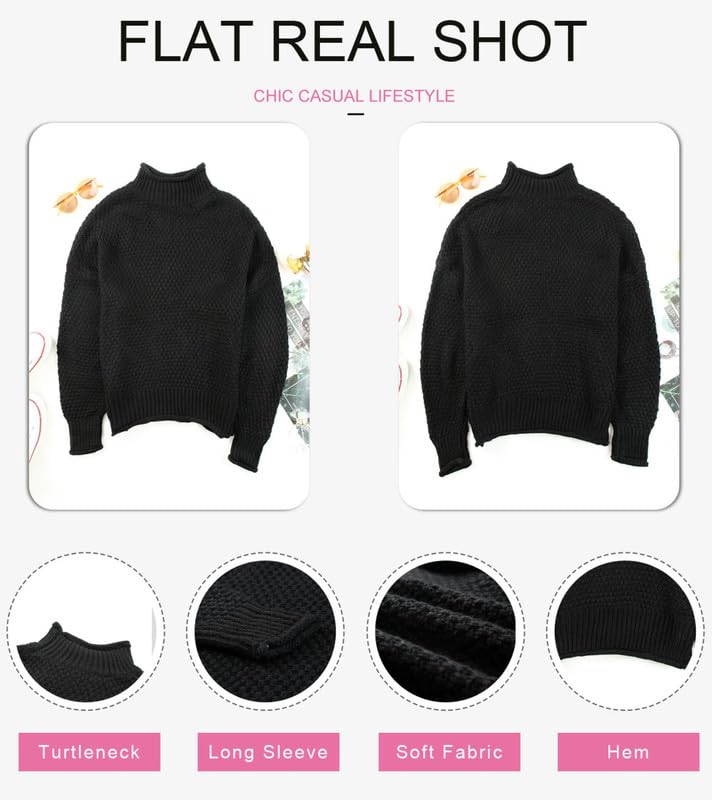 Dokotoo Womens Turtleneck Sweaters Batwing Long Sleeve Fall Clothes for Women 2025 Solid Casual Winter Outifits Loose Oversized Sweater Chunky Knit Christmas Sweaters Jumper Black Blouses X-Large - Image 2